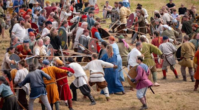 Lines are meeting in battle with dozens of spears on both sides