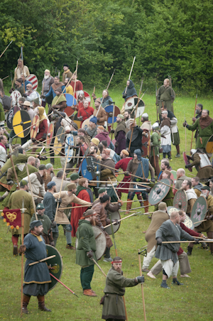 Lines are meeting in battle with dozens of spears on both sides